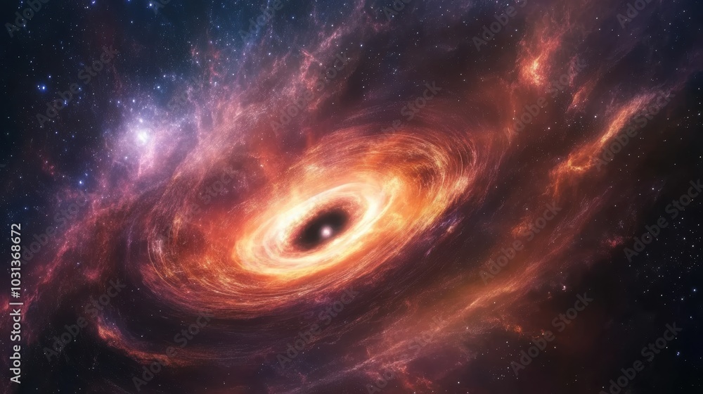 Poster a supermassive black hole at the center of a galaxy, significantly distorting time and space in its 