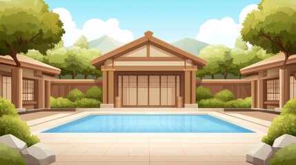 Cartoon depiction of a Japanese bathhouse with detailed architecture and surrounding hot springs