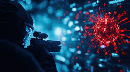 Person targeting a digital virus with a firearm in a sci-fi environment.
