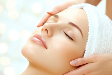 Naklejka premium A serene woman receiving a relaxing facial treatment, showcasing beauty and wellness in a spa environment with soft lighting.