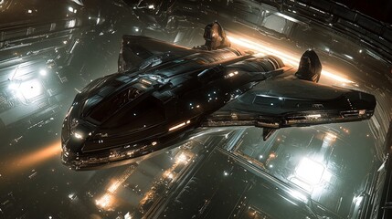 A futuristic 3D spaceship docking at a space station, with intricate details of the ship's design and the station's glowing docking bay.