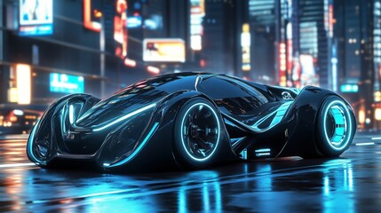 Obraz premium A futuristic 3D vehicle design with sleek curves and glowing neon accents, set against a modern cityscape with reflective surfaces.