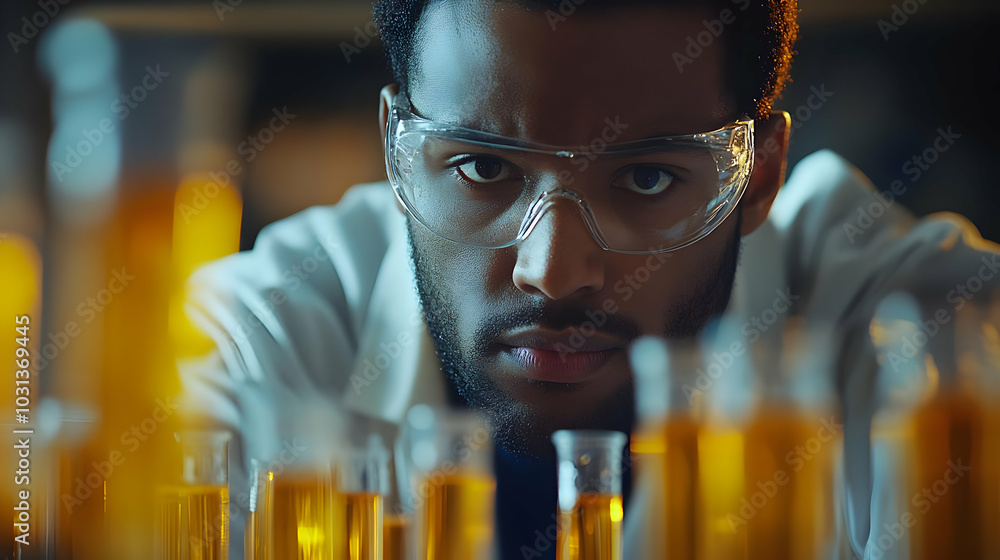 Poster scientist examining test tubes filled with liquid in a lab setting.