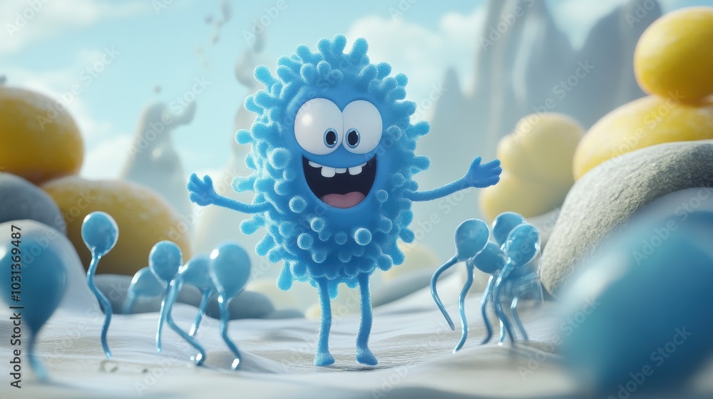 Poster a friendly cartoon protein character joyfully explaining its structure to curious amino acid charact