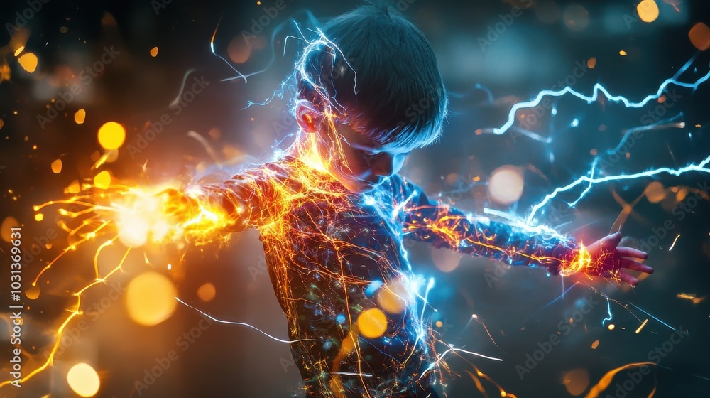 Poster a child generating electricity through double exposure effects illuminated by vibrant sparks and glo