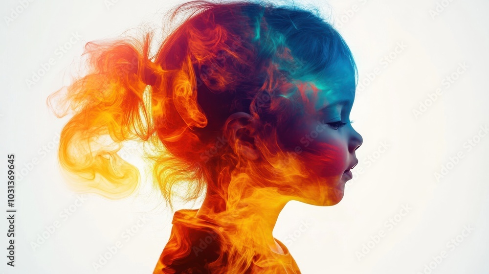 Aufkleber A child surrounded by vibrant swirling colors and patterns showcases their creativity and imagination in a playful expression of art