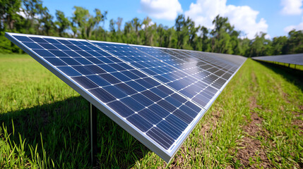 A front view of solar panels on an agricultural farm, powering irrigation systems and other equipment