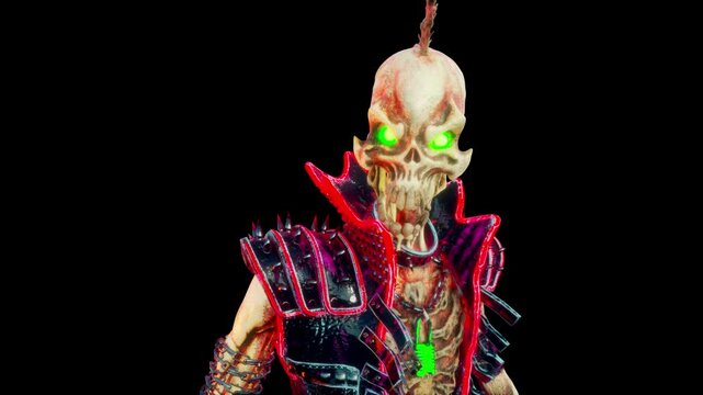 Punk Skeleton VJ Loop &ndash; stylized punk rock skeleton with spiky bones on the head and punkish outfit moving on the beat in seamless loop. Use it in your next VJ thematic sets, metal and gothic festival