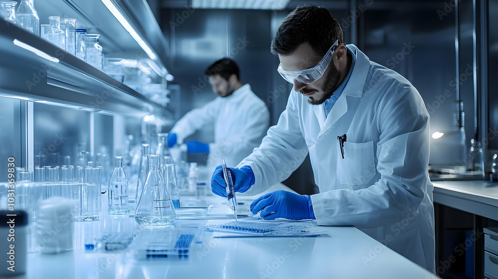 Poster scientists conducting experiments in a laboratory setting.