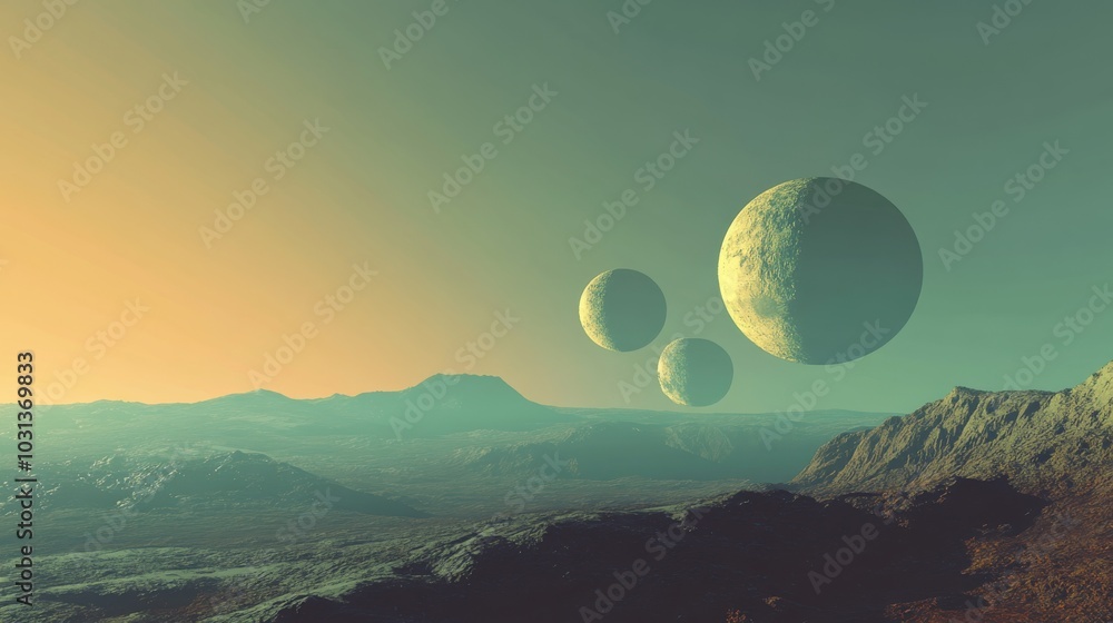 Poster a distant earth-like planet surrounded by three moons casting shadows over its rugged mountains at s