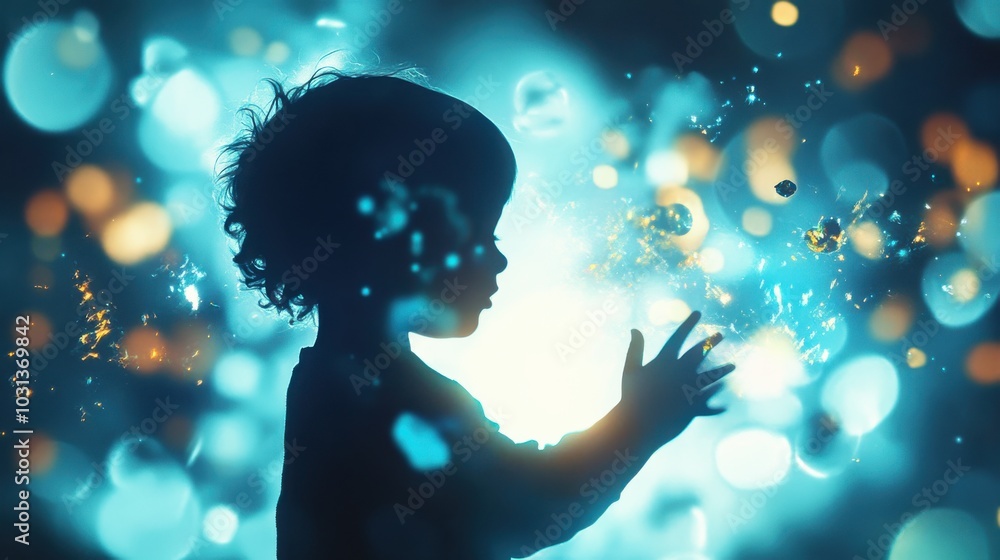 Poster A child with telekinetic powers conjures floating objects in a magical, double exposure captured in a realm of sparkling energy