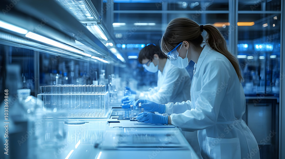 Poster scientists conducting experiments in a modern laboratory setting.