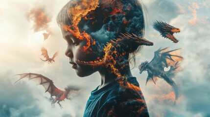A child conjuring mythical creatures through imagination in a dreamlike landscape filled with dragons and fantasy beings