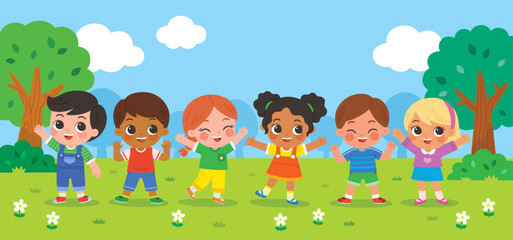 Group of Happy boys and girls standing and jumping on the park. Children's activities.