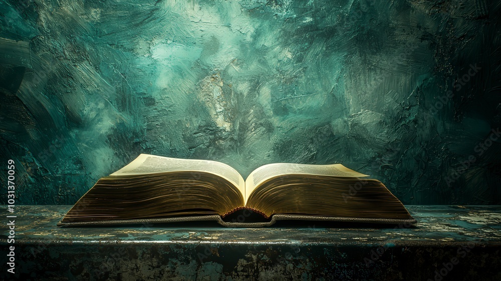 Poster an open book illuminated on a textured background