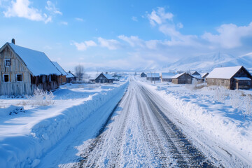 Fototapeta premium A snow-covered rural road passes through a peaceful winter village with wooden houses and mountains in the background