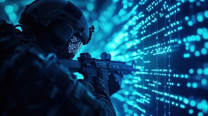 Soldier in tactical gear aiming a weapon against a digital background.