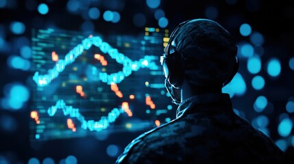 Soldier monitoring data trends on a screen in a high-tech environment.