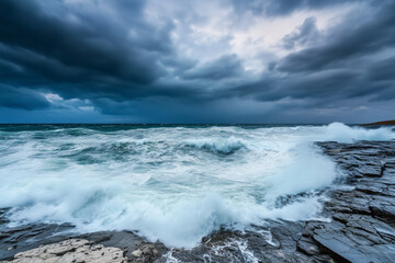 Obraz premium Powerful ocean waves crash against a rugged rocky shoreline under dark storm clouds