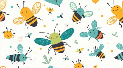 Fun and cheerful insect pattern featuring grasshoppers and bees in a cartoon style