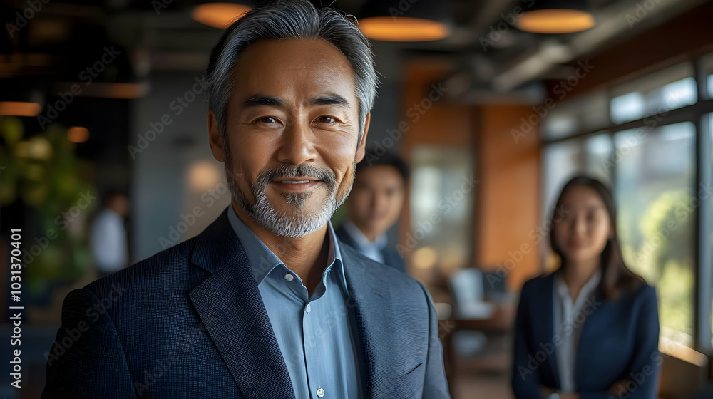 Poster professional man smiling in an office setting with colleagues behind.