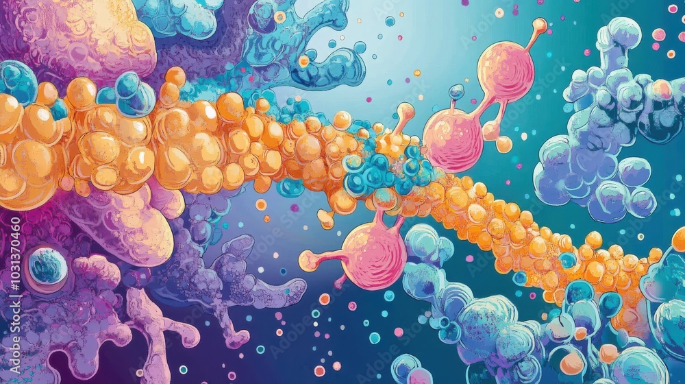 Poster a colorful cartoon depiction of a protein interacting with an enzyme in a laboratory environment sho