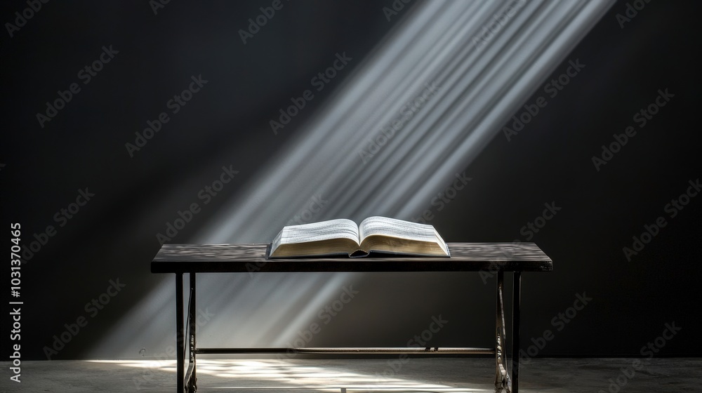 Poster open book on a table with light streaming through