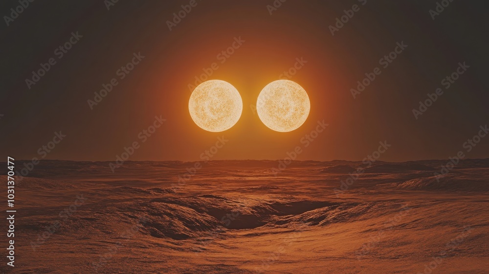 Poster a stunning desert planet illuminated by a binary star system as two suns set on the horizon, casting