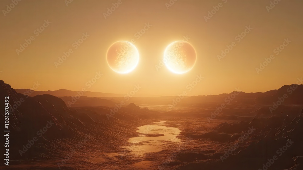 Poster a breathtaking view of a binary star system setting over a desert landscape, illuminating the horizo