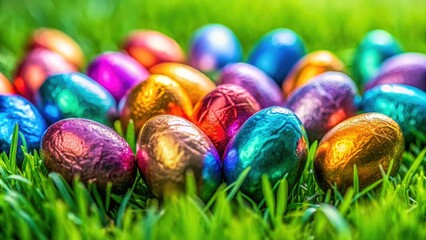 Fototapeta premium Colorful Easter chocolate eggs on a bed of green grass , Easter, chocolate, eggs, candy, treats, holiday