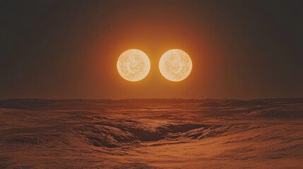 A stunning desert planet illuminated by a binary star system as two suns set on the horizon, casting vibrant light on the landscape