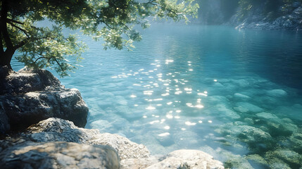 Obraz premium Serene lake with clear water and rocky shore under sunlight.