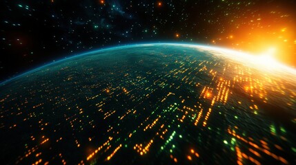 Obraz premium Stunning view of the Earth from space with vibrant lights and a sunrise.