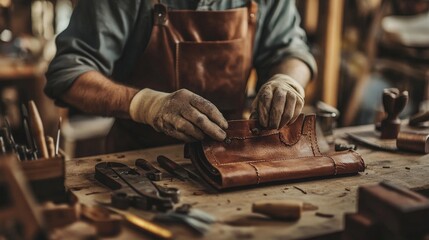 A highly detailed close-up of an artisan crafting a leather bag, with intricate stitching, texture of the leather, and tools scattered on a workbench.