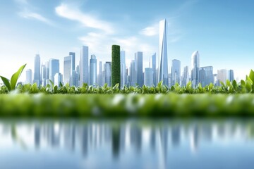 A stunning urban skyline reflected in calm waters, framed by vibrant green grass under a clear blue sky, symbolizing harmony.