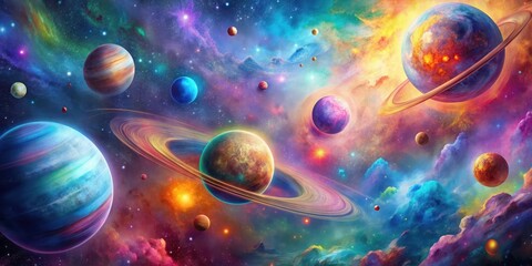 Naklejka premium Colorful of a psychedelic galaxy and planets in space, psychedelic, galaxy, planets, space, colorful, vibrant, cosmic