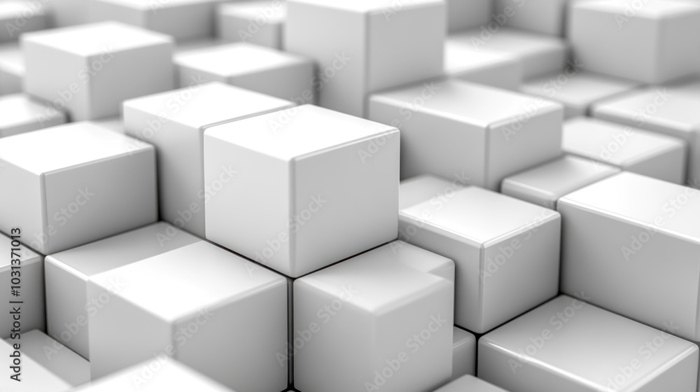 Poster a cluster of white 3d cubes arranged in a geometric pattern.