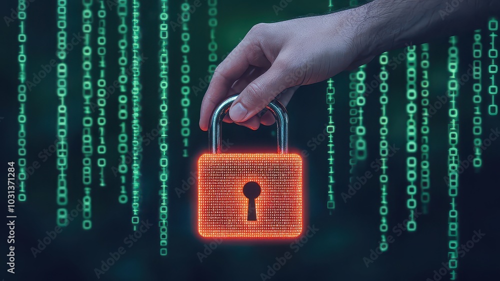 Poster a hand hovering over a glowing digital padlock, binary code streaming in the background