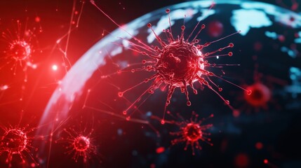 Obraz premium Virus particles affecting the Earth, digital art representation, dark background.