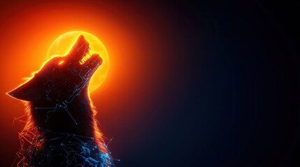 Wolf howling against a bright orange moon on a dark background.