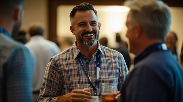 A dynamic shot of a franchise owner attending a regional franchise conference, networking with other franchisees