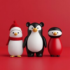 Fototapeta premium Three cute penguin figurines in a festive setting against a red background.