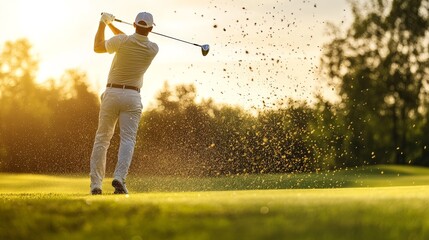 A dynamic shot of a golfer taking a deep breath before swinging, using mindfulness to improve concentration