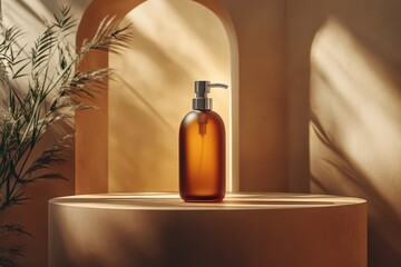Brown Glass Bottle with Pump Dispenser on a Beige Platform.