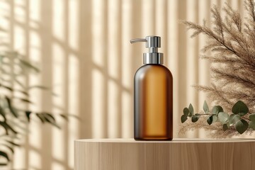 Amber Glass Pump Bottle on Wooden Platform.