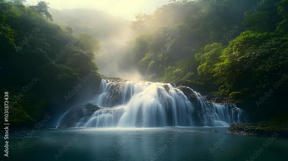 Poster serene waterfall cascading into a tranquil pool surrounded by lush greenery.
