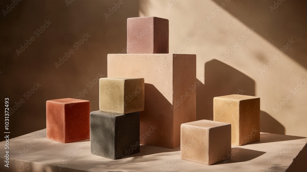 Poster abstract arrangement of geometric blocks on a minimalist surface