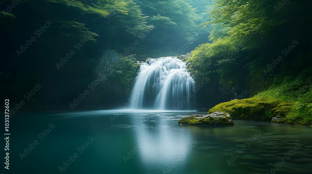 Poster serene waterfall cascading into a tranquil pool surrounded by greenery.