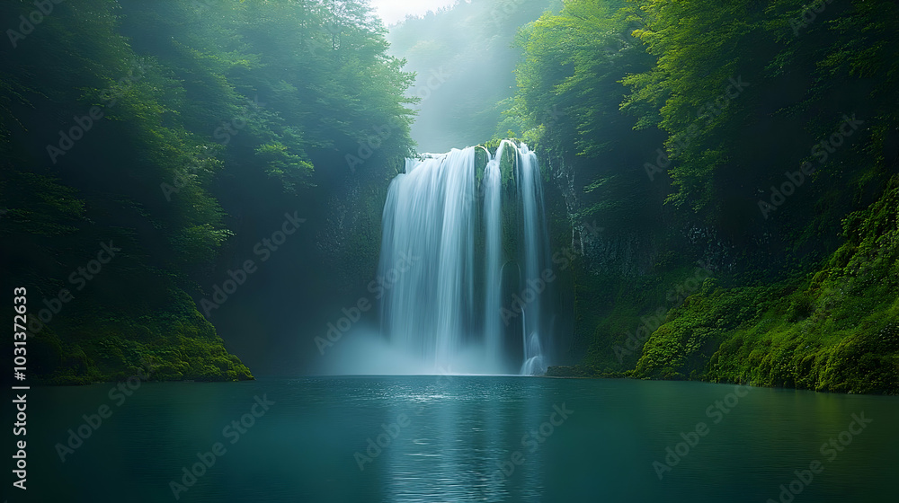 Poster serene waterfall cascading into a tranquil pool surrounded by greenery.