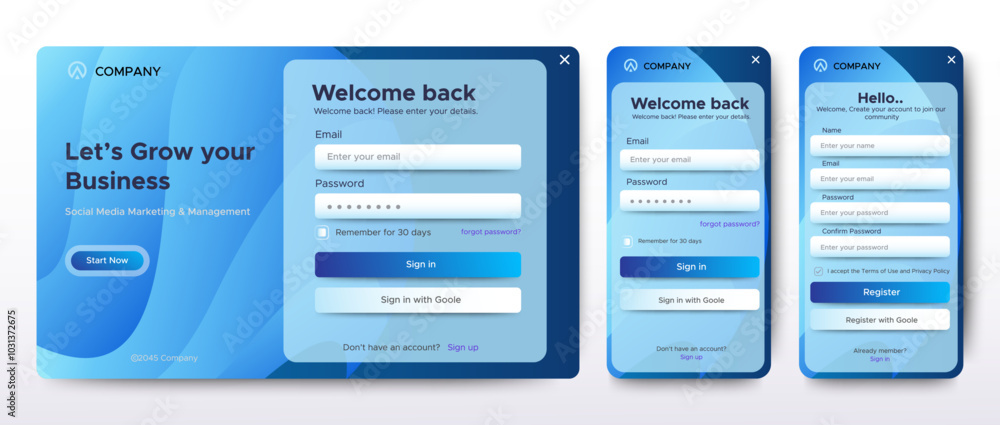 Poster set of sign up and sign in forms. colorful gradient. mobile registration and login forms page. profe